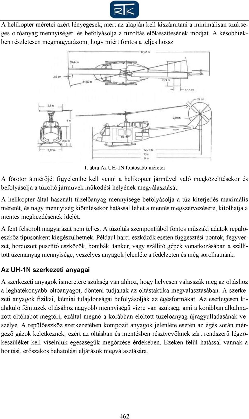 ábra Az UH-1N fontosabb méretei A főrotor átmérőjét figyelembe kell venni a helikopter járművel való megközelítésekor és befolyásolja a tűzoltó járművek működési helyének megválasztását.