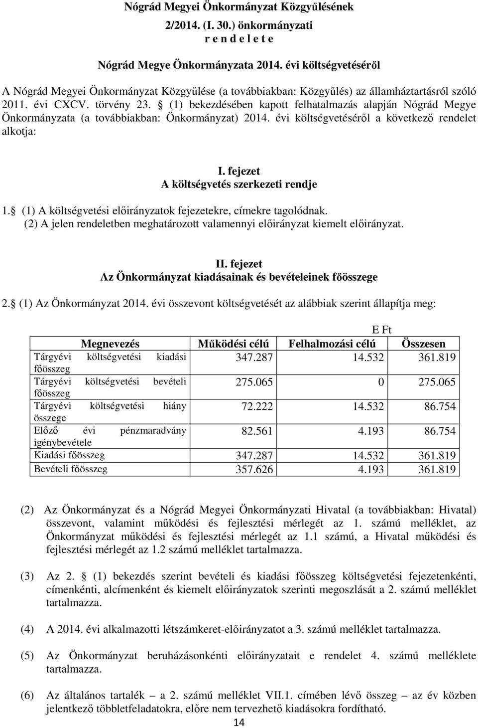 (1) bekezdésében kapott felhatalmazás alapján Nógrád Megye Önkormányzata (a továbbiakban: Önkormányzat) 2014. évi költségvetéséről a következő rendelet alkotja: I.