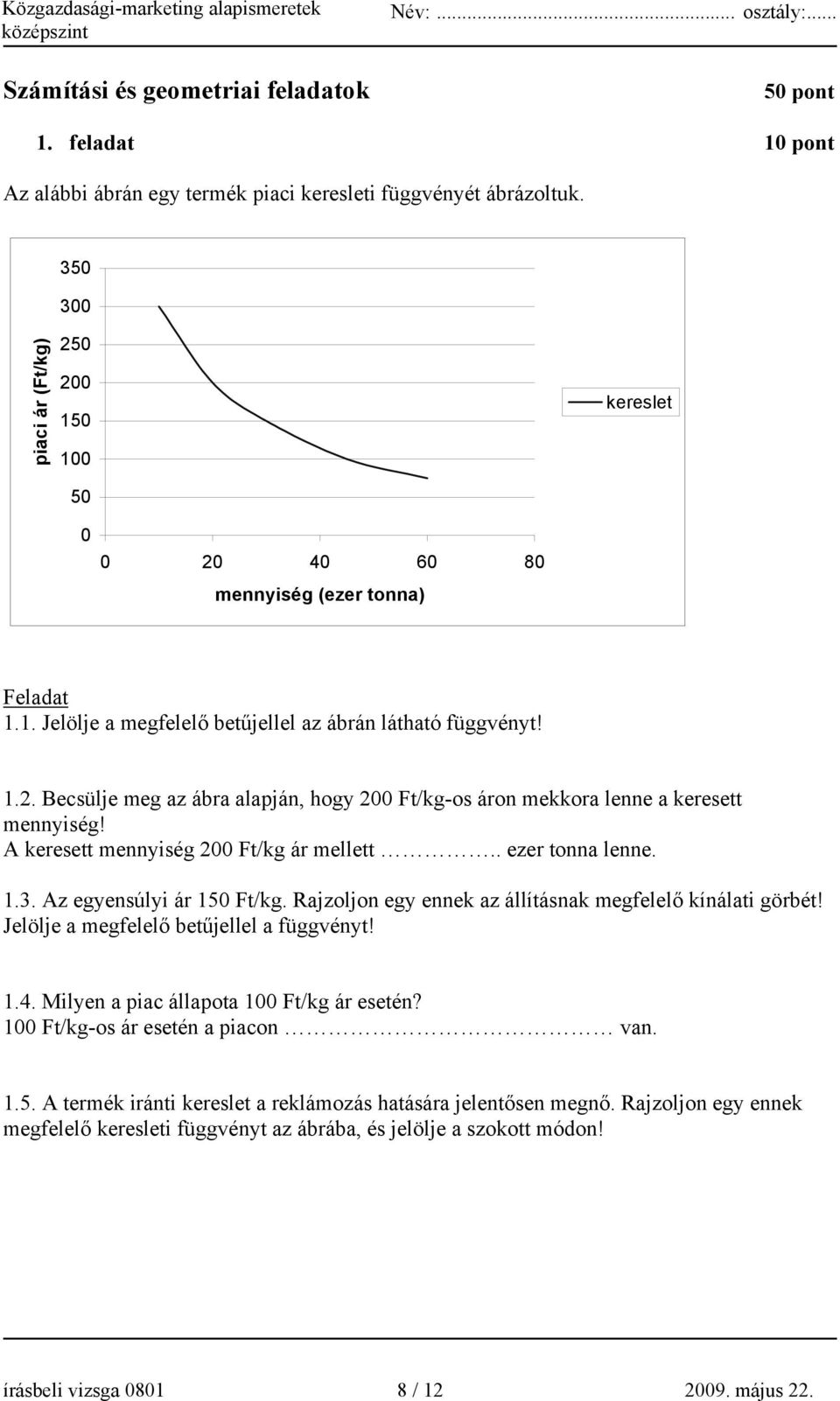 A keresett mennyiség 200 Ft/kg ár mellett.. ezer tonna lenne. 1.3. Az egyensúlyi ár 150 Ft/kg. Rajzoljon egy ennek az állításnak megfelelő kínálati görbét! Jelölje a megfelelő betűjellel a függvényt!