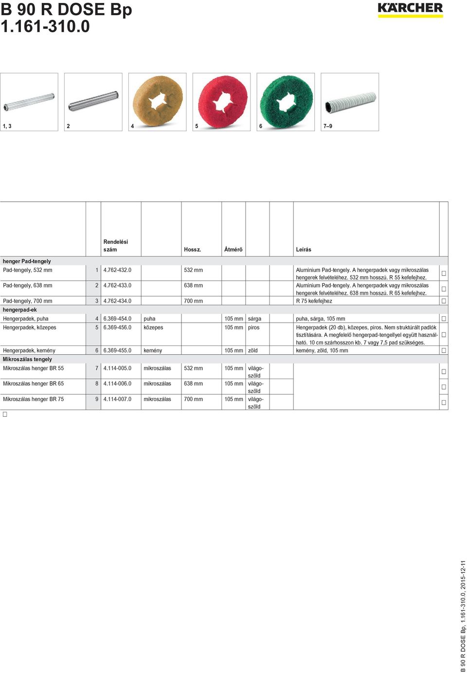 0 700 mm R 75 kefefejhez hengerpad-ek Hengerpadek, puha 4 6.369-454.0 puha 105 mm sárga puha, sárga, 105 mm Hengerpadek, közepes 5 6.369-456.0 közepes 105 mm piros Hengerpadek (20 db), közepes, piros.