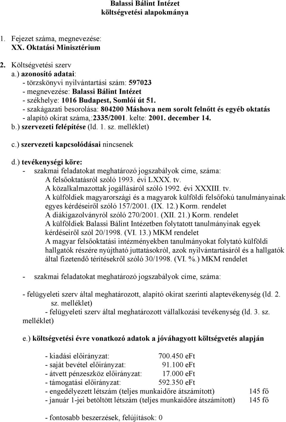 - szakágazati besorolása: 804200 Máshova nem sorolt felnőtt és egyéb oktatás - alapító okirat száma,:2335/2001. kelte: 2001. december 14. b.) szervezeti felépítése (ld. 1. sz. melléklet) c.