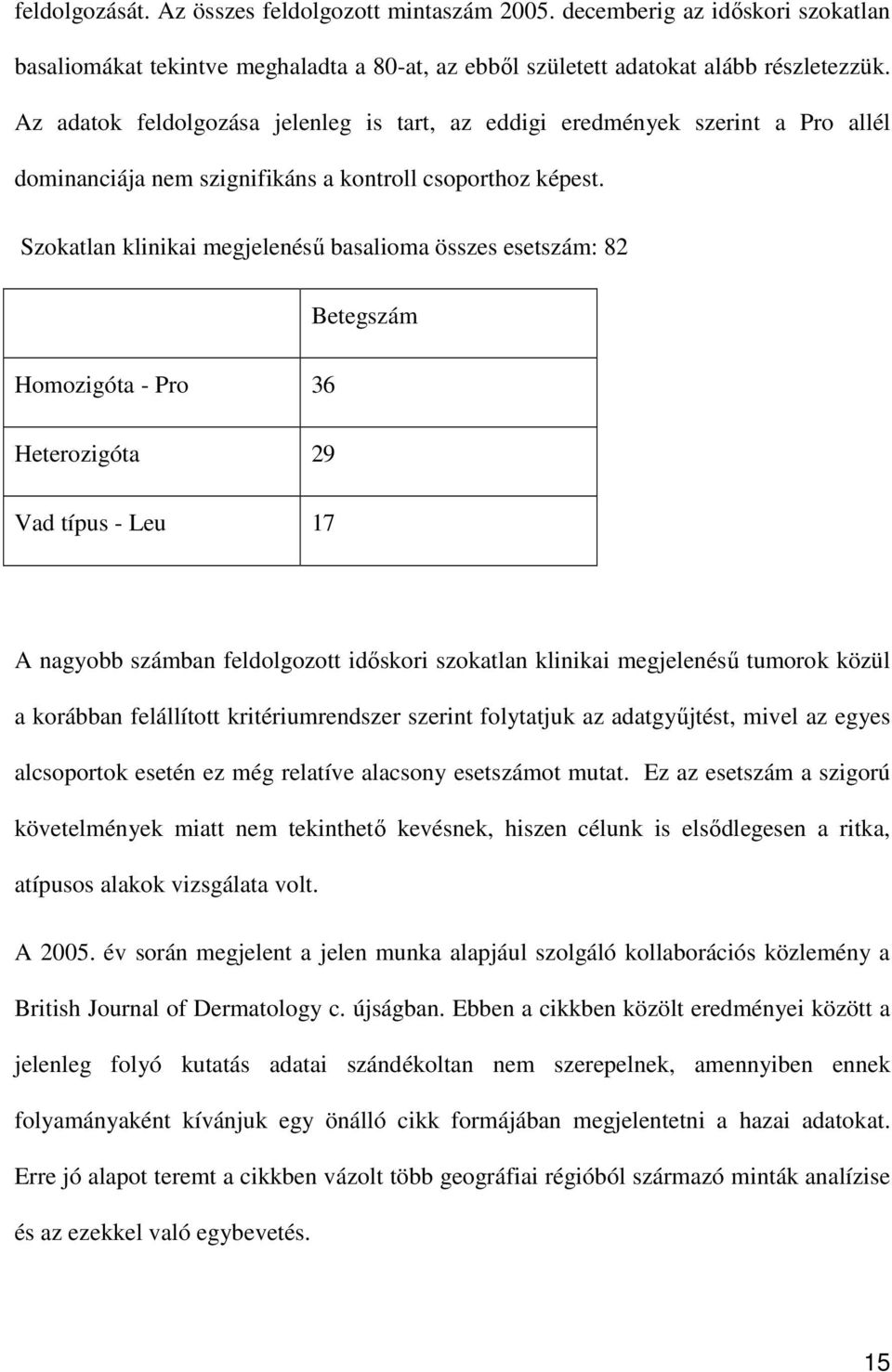 Szokatlan klinikai megjelenésű basalioma összes esetszám: 82 Betegszám Homozigóta - Pro 36 Heterozigóta 29 Vad típus - Leu 17 A nagyobb számban feldolgozott időskori szokatlan klinikai megjelenésű