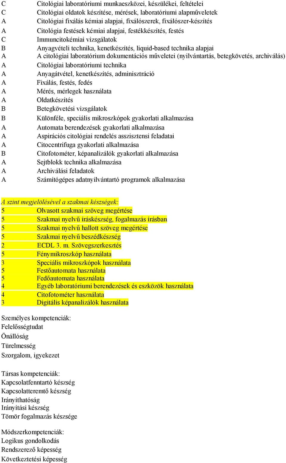 dokumentációs mőveletei (nyilvántartás, betegkövetés, archiválás) Citológiai laboratóriumi technika nyagátvétel, kenetkészítés, adminisztráció Fixálás, festés, fedés Mérés, mérlegek használata