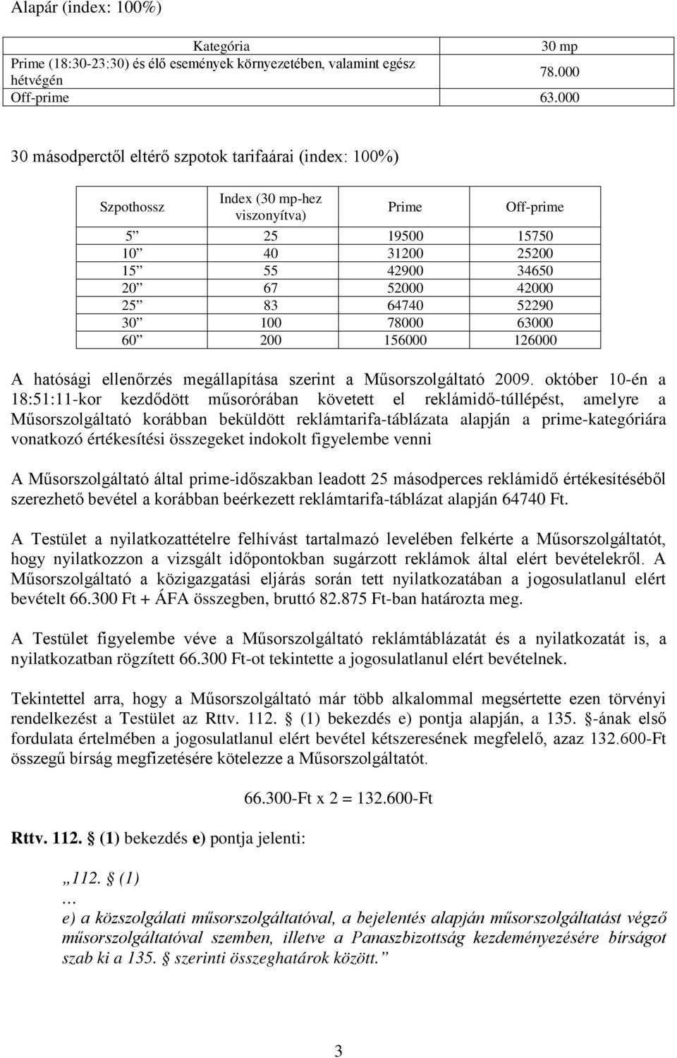 52290 30 100 78000 63000 60 200 156000 126000 A hatósági ellenőrzés megállapítása szerint a Műsorszolgáltató 2009.