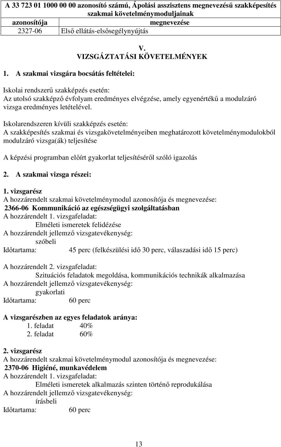VIZSGÁZTATÁSI KÖVETELMÉNYEK Iskolai rendszerű szakképzés esetén: Az utolsó szakképző évfolyam eredményes elvégzése, amely egyenértékű a modulzáró vizsga eredményes letételével.