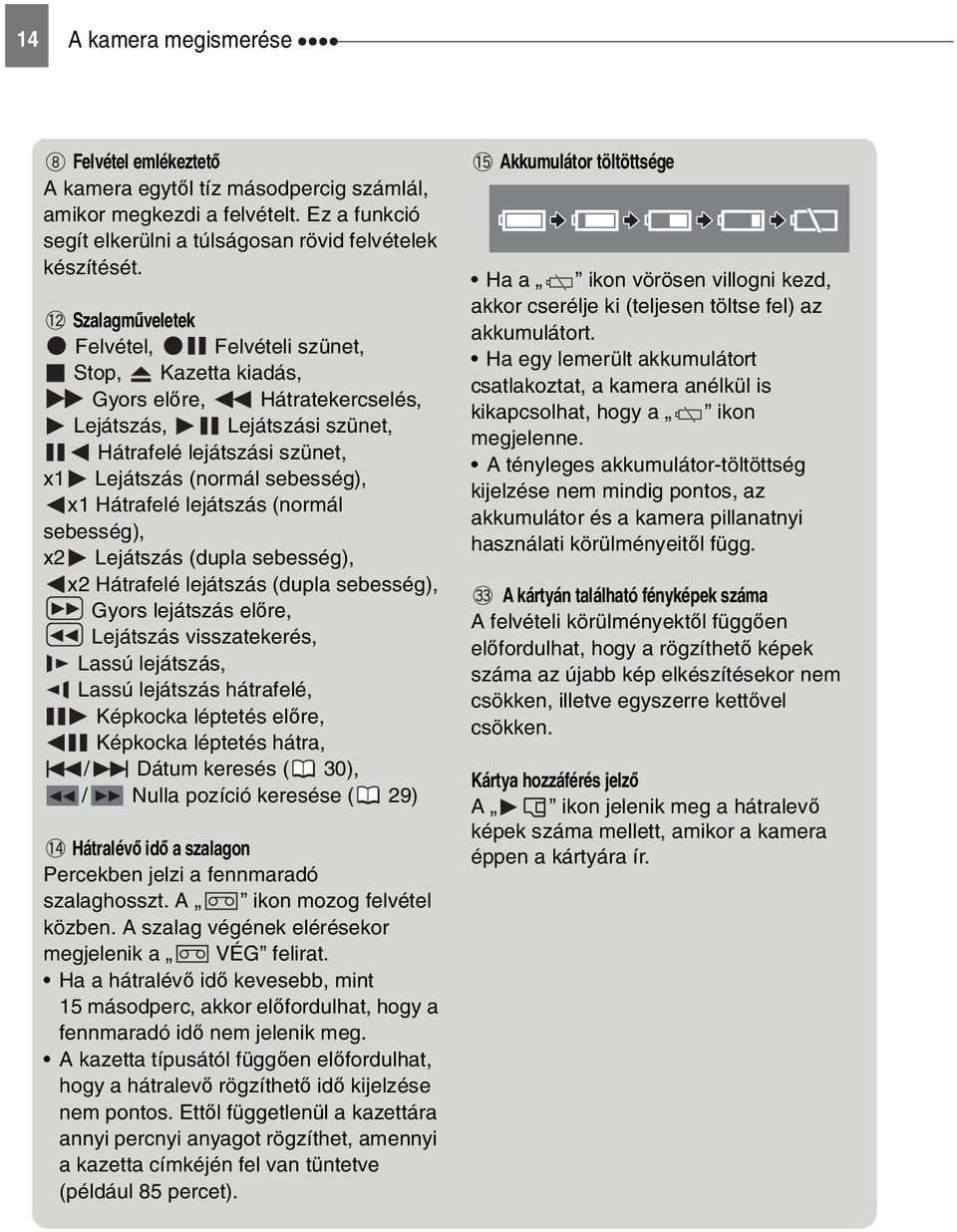 Hátrafelé lejátszás (normál sebesség), x2 Lejátszás (dupla sebesség), x2 Hátrafelé lejátszás (dupla sebesség), Gyors lejátszás előre, Lejátszás visszatekerés, Lassú lejátszás, Lassú lejátszás