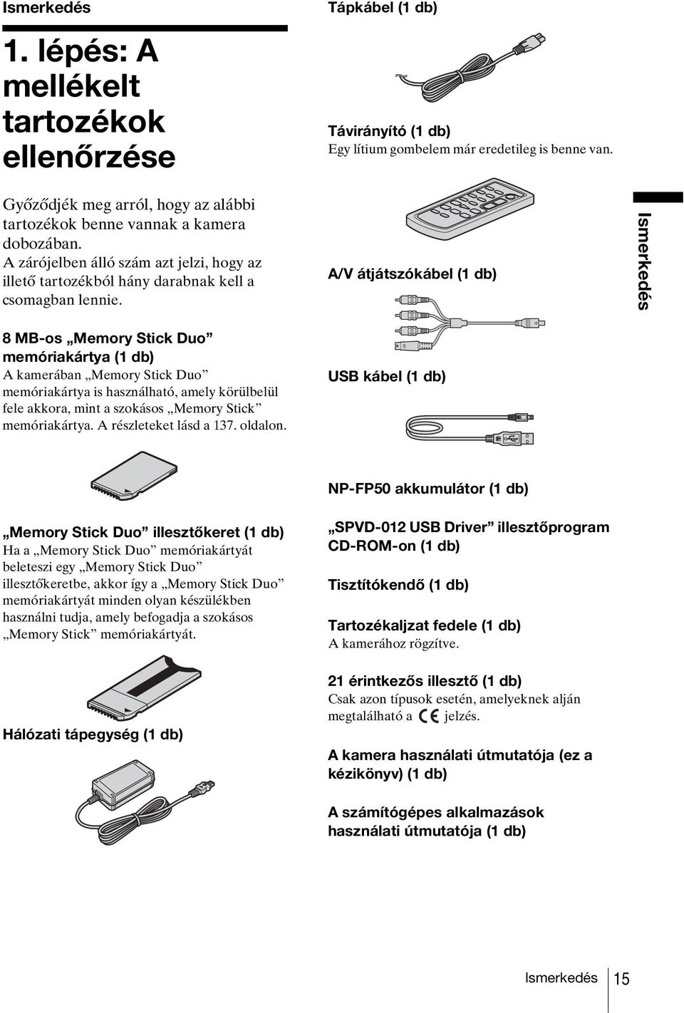 A/V átjátszókábel (1 db) Ismerkedés 8 MB-os Memory Stick Duo memóriakártya (1 db) A kamerában Memory Stick Duo memóriakártya is használható, amely körülbelül fele akkora, mint a szokásos Memory Stick