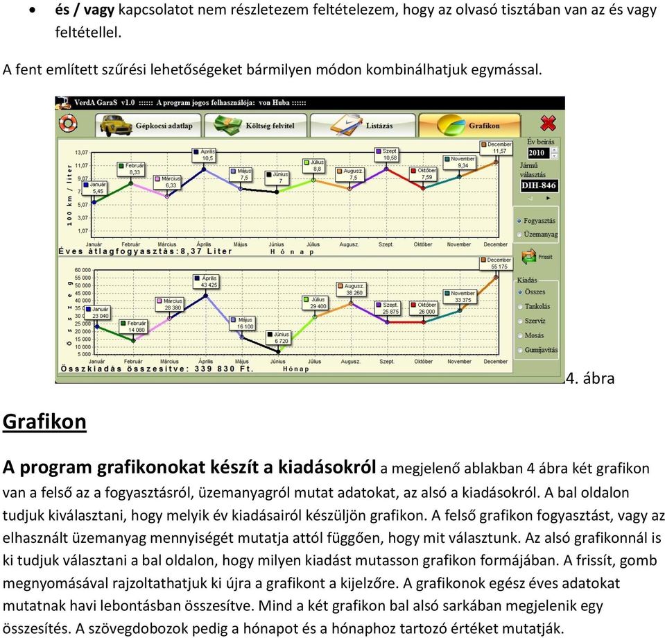 A bal ldaln tudjuk kiválasztani, hgy melyik év kiadásairól készüljön grafikn. A felső grafikn fgyasztást, vagy az elhasznált üzemanyag mennyiségét mutatja attól függően, hgy mit választunk.