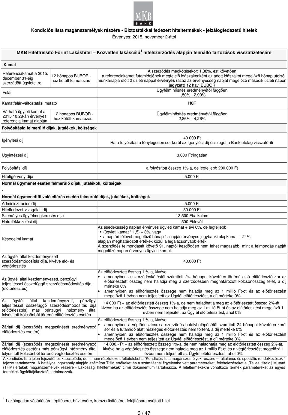 megelőző hónap utolsó munkanapja előtt 2 üzleti nappal érvényes (azaz az érvényesség napját megelőző második üzleti napon jegyzett) 12 havi BUBOR 1,50% - 2,90% Kamatfelár-változtatási mutató Várható