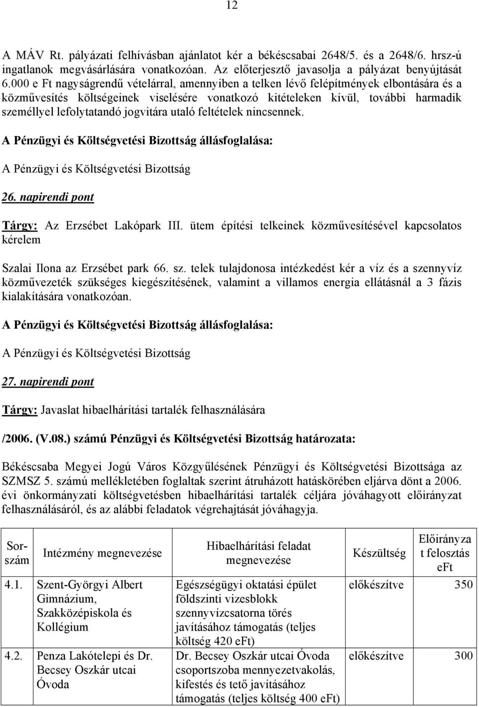 jogvitára utaló feltételek nincsennek. 26. napirendi pont Tárgy: Az Erzsébet Lakópark III. ütem építési telkeinek közművesítésével kapcsolatos kérelem Szalai Ilona az Erzsébet park 66. sz.