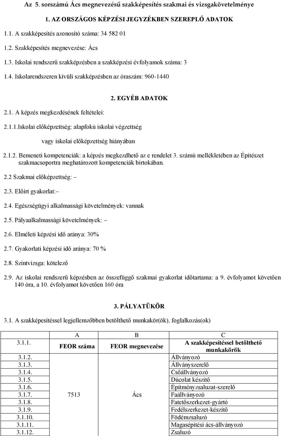 EGYÉB ADATOK 2.1.1.Iskolai előképzettség: alapfokú iskolai végzettség vagy iskolai előképzettség hiányában 2.1.2. Bemeneti kompetenciák: a képzés megkezdhető az e rendelet 3.