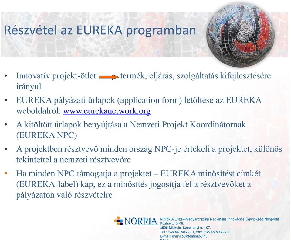 org A kitöltött űrlapok benyújtása a Nemzeti Projekt Koordinátornak (EUREKA NPC) A projektben résztvevő minden ország NPC-je értékeli a projektet,