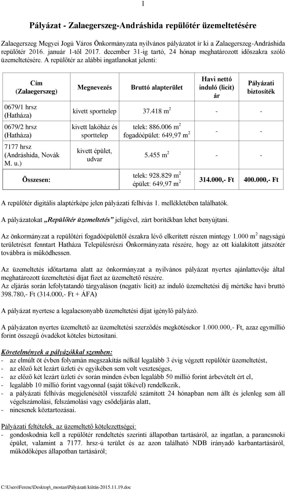 A repülőtér az alábbi ingatlanokat jelenti: Cím (Zalaegerszeg) 0679/1 hrsz (Hatháza) 0679/2 hrsz (Hatháza) 7177 hrsz (Andráshida, Novák M. u.