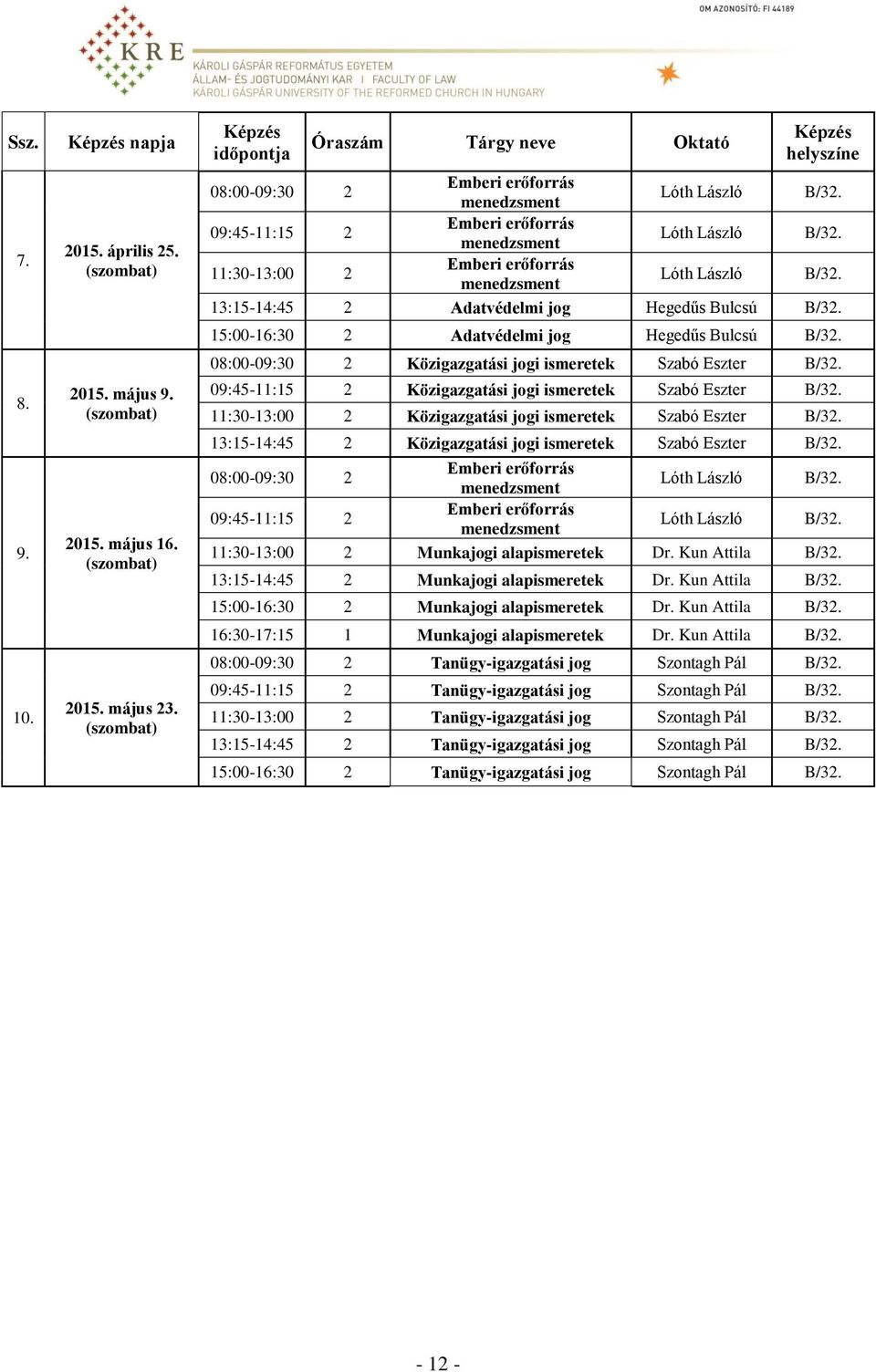 11:30-13:00 2 Emberi erőforrás menedzsment Lóth László B/32. 13:15-14:45 2 Adatvédelmi jog Hegedűs Bulcsú B/32. 15:00-16:30 2 Adatvédelmi jog Hegedűs Bulcsú B/32.