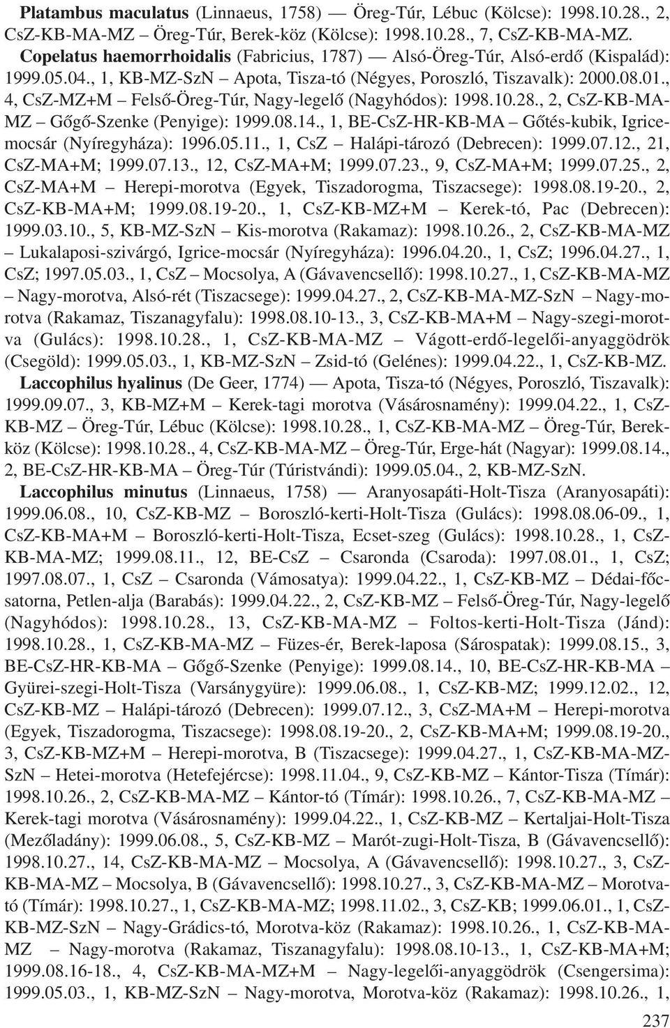 , 4, CsZ-MZ+M Felsõ-Öreg-Túr, Nagy-legelõ (Nagyhódos): 1998.10.28., 2, CsZ-KB-MA- MZ Gõgõ-Szenke (Penyige): 1999.08.14., 1, BE-CsZ-HR-KB-MA Gõtés-kubik, Igricemocsár (Nyíregyháza): 1996.05.11.