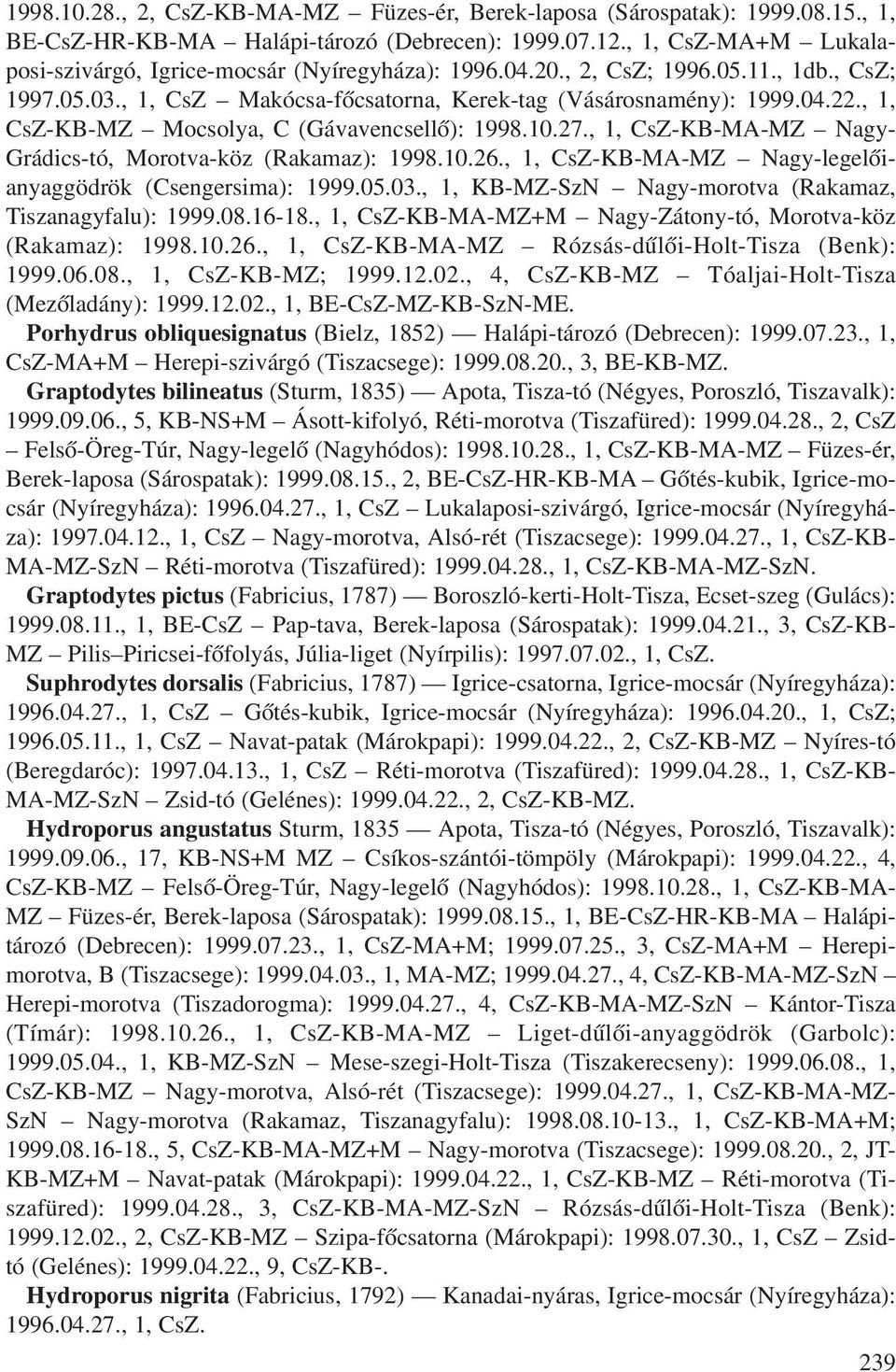 , 1, CsZ-KB-MZ Mocsolya, C (Gávavencsellõ): 1998.10.27., 1, CsZ-KB-MA-MZ Nagy- Grádics-tó, Morotva-köz (Rakamaz): 1998.10.26., 1, CsZ-KB-MA-MZ Nagy-legelõianyaggödrök (Csengersima): 1999.05.03.