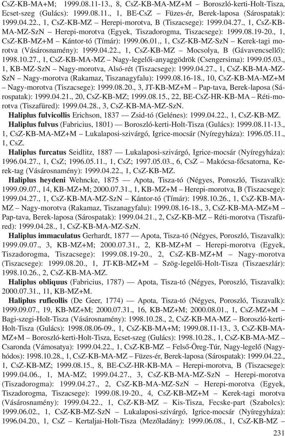 , 1, CsZ-KB-MZ-SzN Kerek-tagi morotva (Vásárosnamény): 1999.04.22., 1, CsZ-KB-MZ Mocsolya, B (Gávavencsellõ): 1998.10.27., 1, CsZ-KB-MA-MZ Nagy-legelõi-anyaggödrök (Csengersima): 1999.05.03.