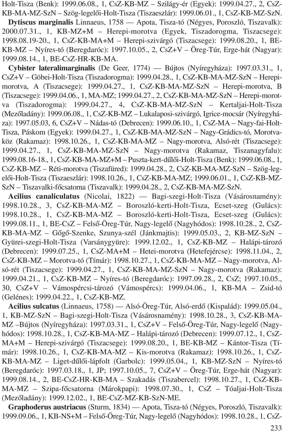 , 1, CsZ-KB-MA+M Herepi-szivárgó (Tiszacsege): 1999.08.20., 1, BE- KB-MZ Nyíres-tó (Beregdaróc): 1997.10.05., 2, CsZ+V Öreg-Túr, Erge-hát (Nagyar): 1999.08.14., 1, BE-CsZ-HR-KB-MA.