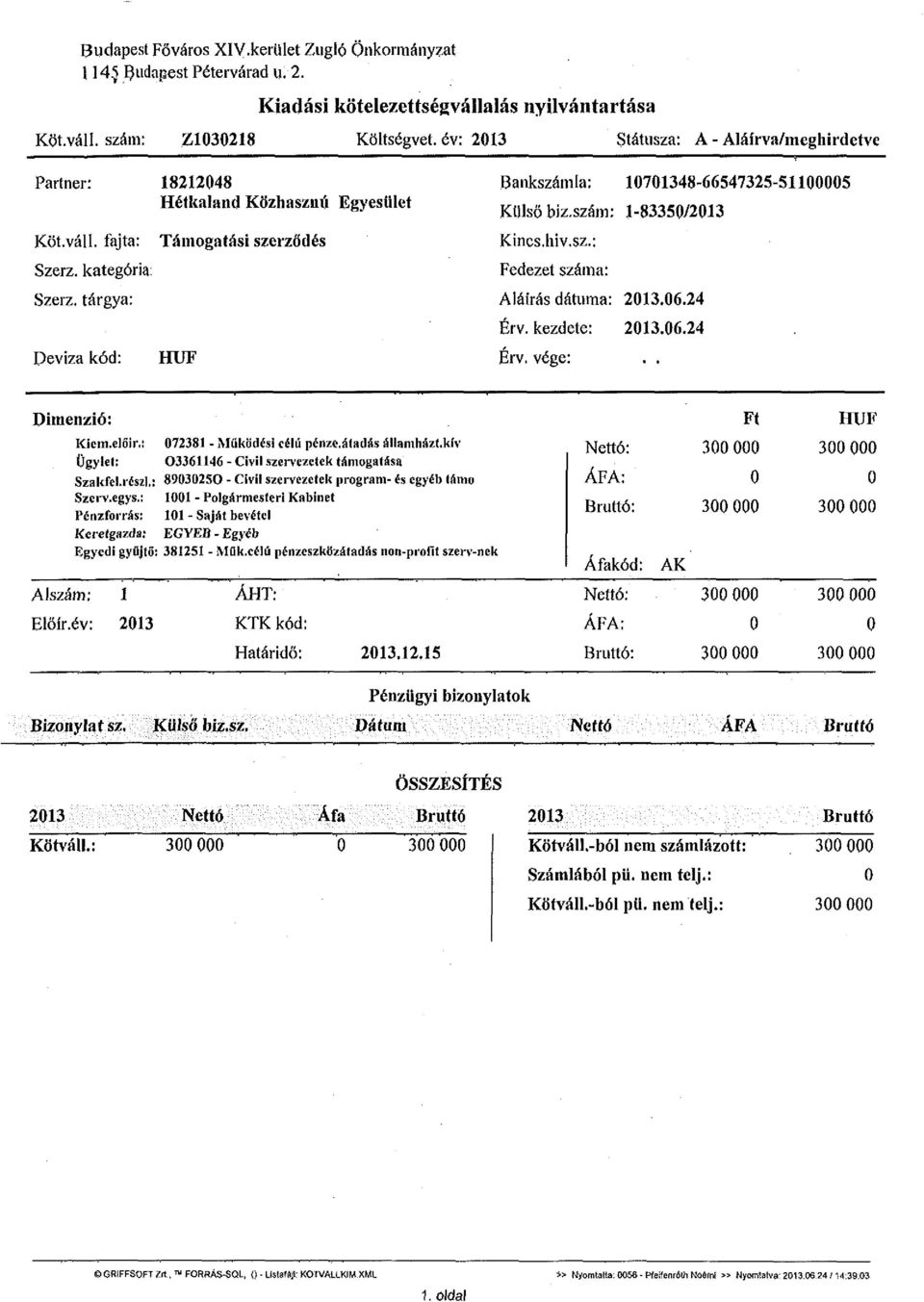 tárgya: Peviza kód: 18212048 Hétkaland Közhasznú Egyesület Támogatási szerződés HUF Bankszámla: 10701348-66547325-51100005 Külső biz.szám: 1-83350/2013 Kincs.hiv.sz.: Fedezet száma: Aláírás dátuma: 2013.