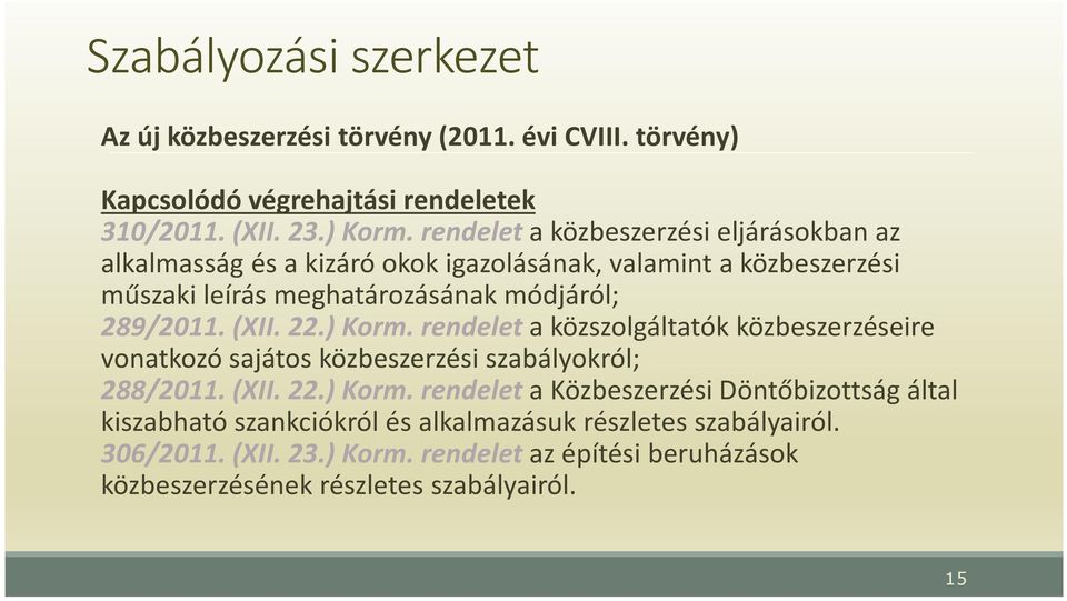 (XII. 22.) Korm. rendelet a közszolgáltatók közbeszerzéseire vonatkozó sajátos közbeszerzési szabályokról; 288/2011. (XII. 22.) Korm. rendeleta Közbeszerzési Döntőbizottság által kiszabható szankciókról és alkalmazásuk részletes szabályairól.