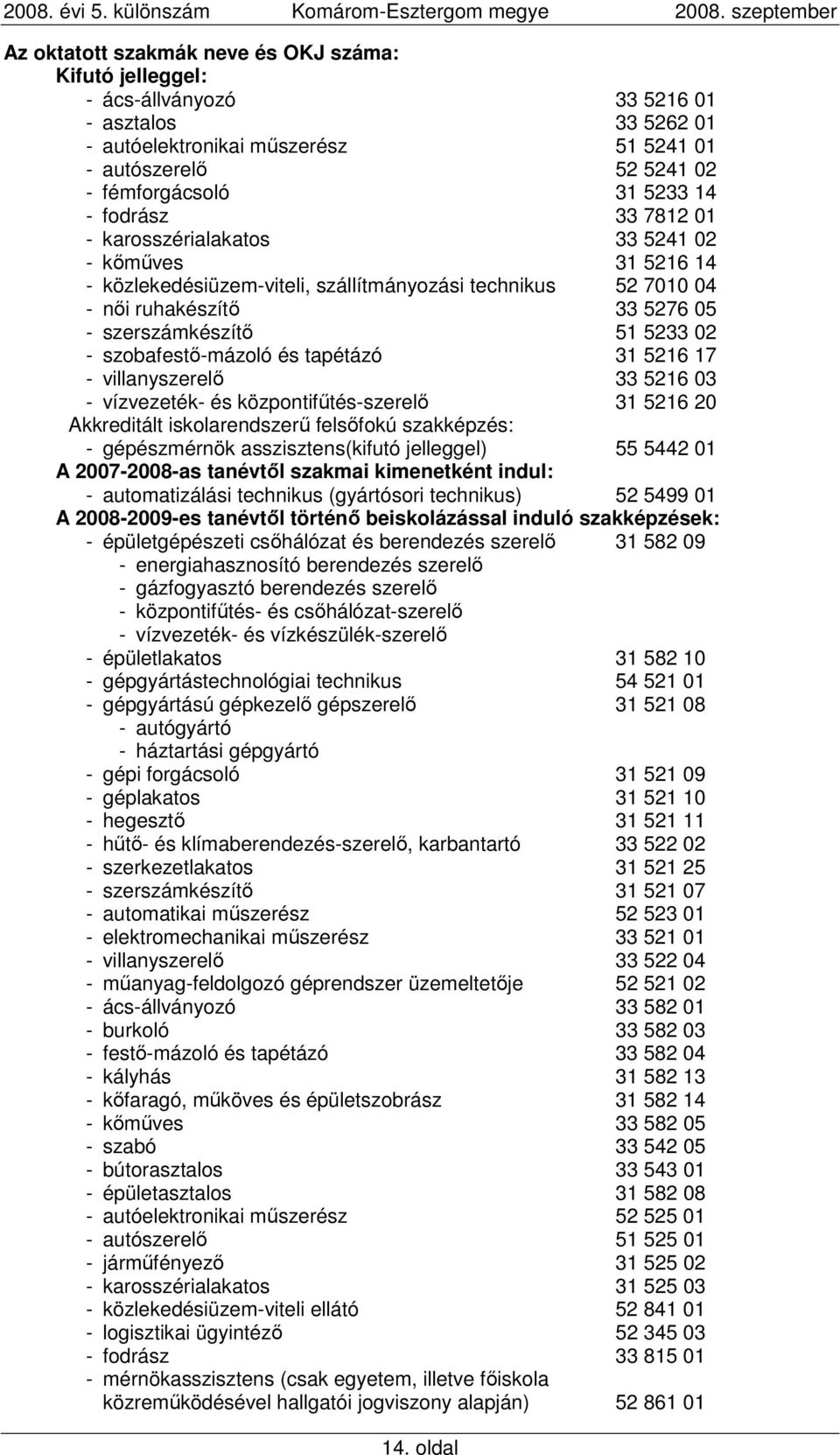 szobafestı-mázoló és tapétázó 31 5216 17 - villanyszerelı 33 5216 03 - vízvezeték- és központifőtés-szerelı 31 5216 20 Akkreditált iskolarendszerő felsıfokú szakképzés: - gépészmérnök