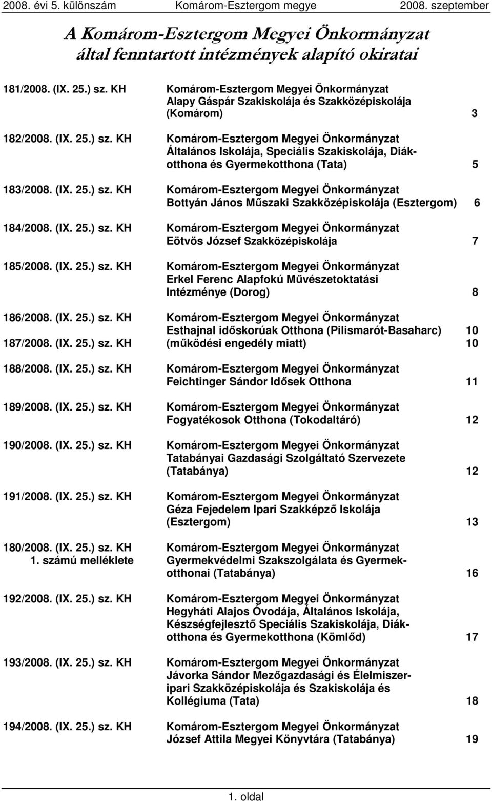 KH Komárom-Esztergom Megyei Önkormányzat Általános Iskolája, Speciális Szakiskolája, Diákotthona és Gyermekotthona (Tata) 5 183/2008. (IX. 25.) sz.