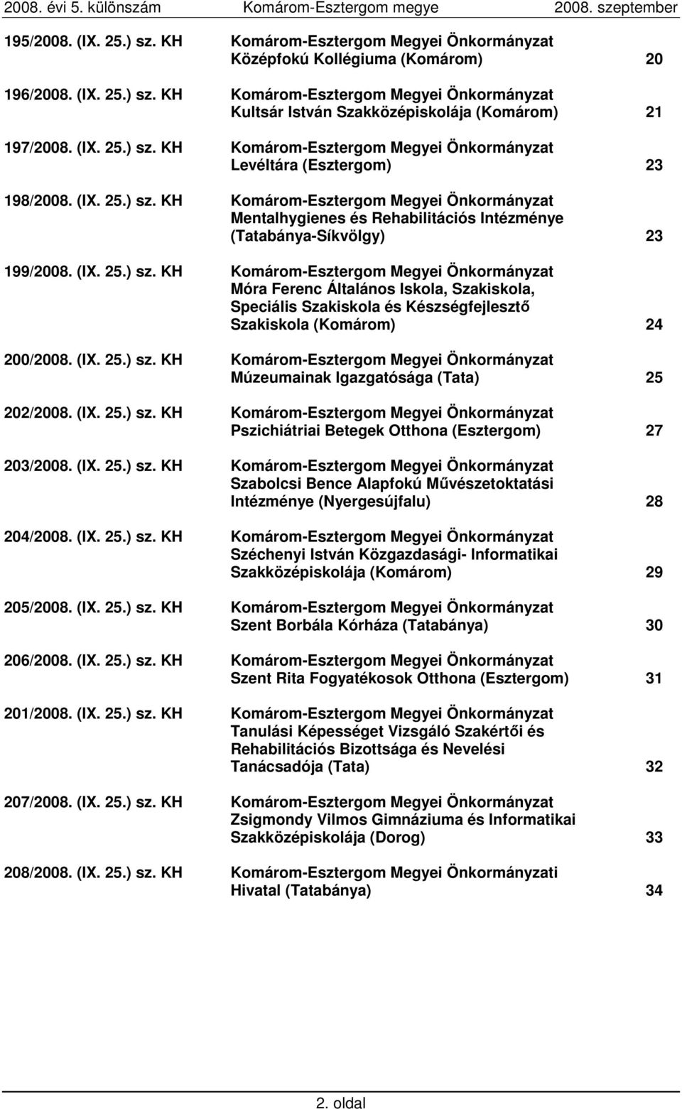 (IX. 25.) sz. KH Komárom-Esztergom Megyei Önkormányzat Móra Ferenc Általános Iskola, Szakiskola, Speciális Szakiskola és Készségfejlesztı Szakiskola (Komárom) 24 200/2008. (IX. 25.) sz. KH Komárom-Esztergom Megyei Önkormányzat Múzeumainak Igazgatósága (Tata) 25 202/2008.