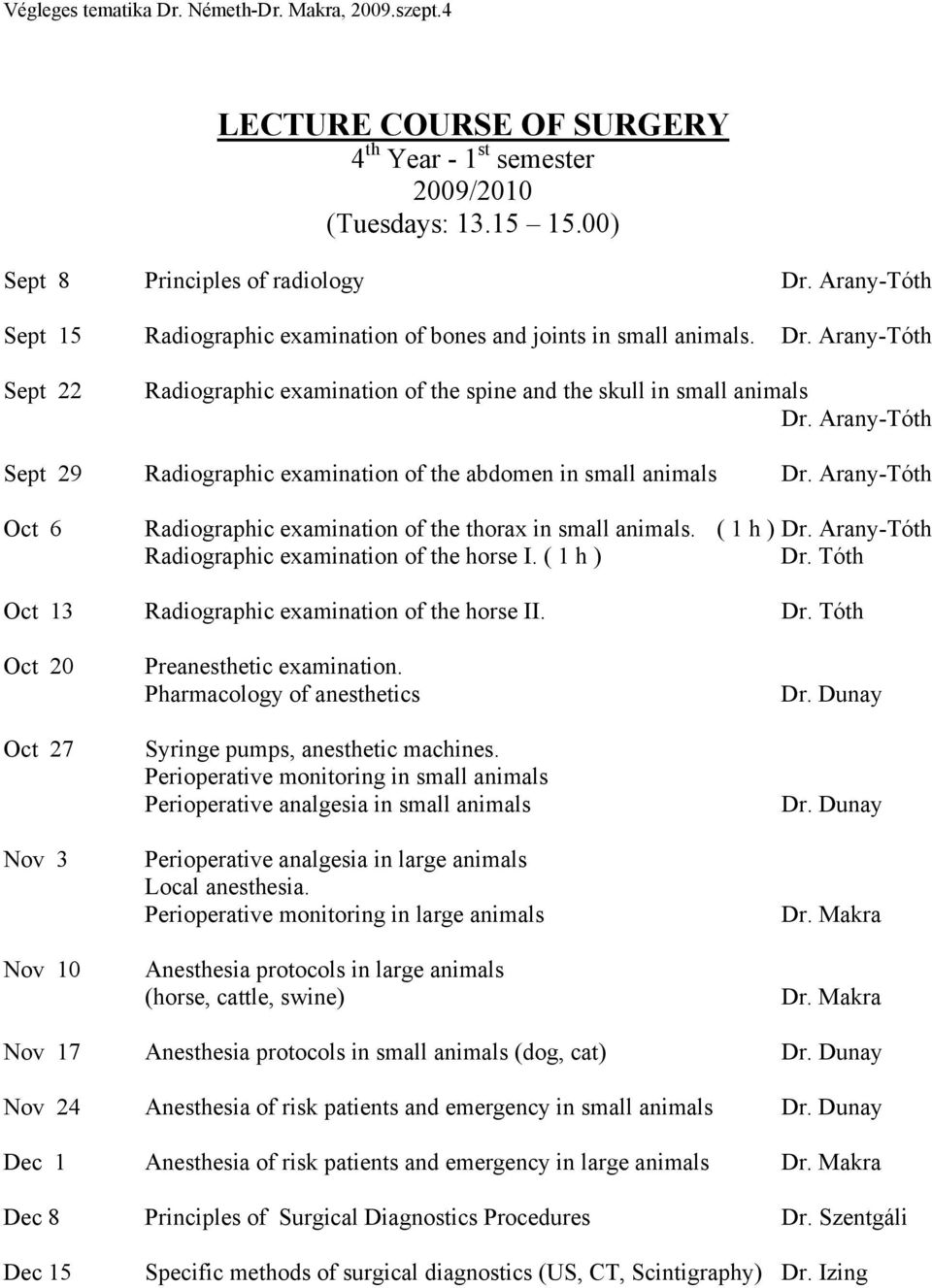 Arany-Tóth Sept 29 Radiographic examination of the abdomen in small animals Dr. Arany-Tóth Oct 6 Radiographic examination of the thorax in small animals. ( 1 h ) Dr.