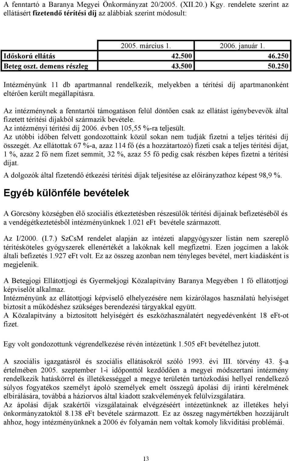 Az intézménynek a fenntartói támogatáson felül döntően csak az ellátást igénybevevők által fizetett térítési díjakból származik bevétele. Az intézményi térítési díj 2006. évben 105,55 %-ra teljesült.