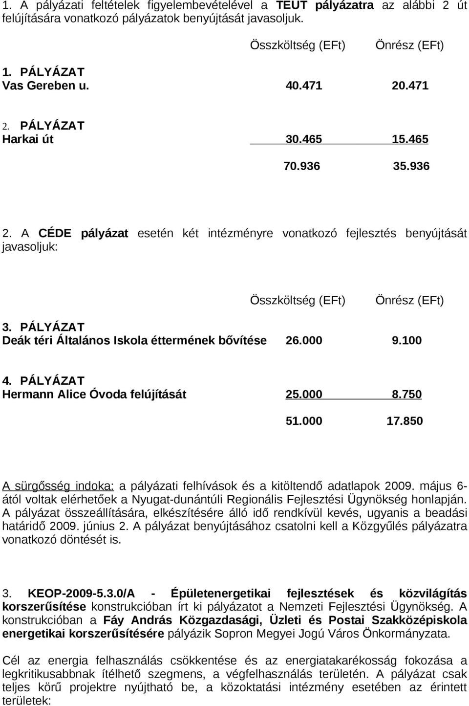 PÁLYÁZAT Deák téri Általános Iskola éttermének bővítése 26.000 9.100 4. PÁLYÁZAT Hermann Alice Óvoda felújítását 25.000 8.750 51.000 17.