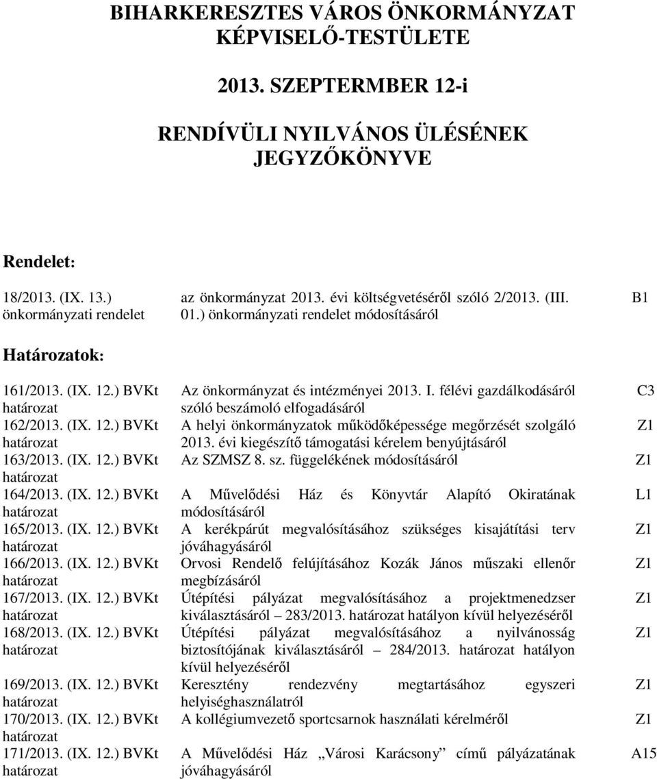 (IX. 12.) BVKt határozat 165/2013. (IX. 12.) BVKt határozat 166/2013. (IX. 12.) BVKt határozat 167/2013. (IX. 12.) BVKt határozat 168/2013. (IX. 12.) BVKt határozat 169/2013. (IX. 12.) BVKt határozat 170/2013.