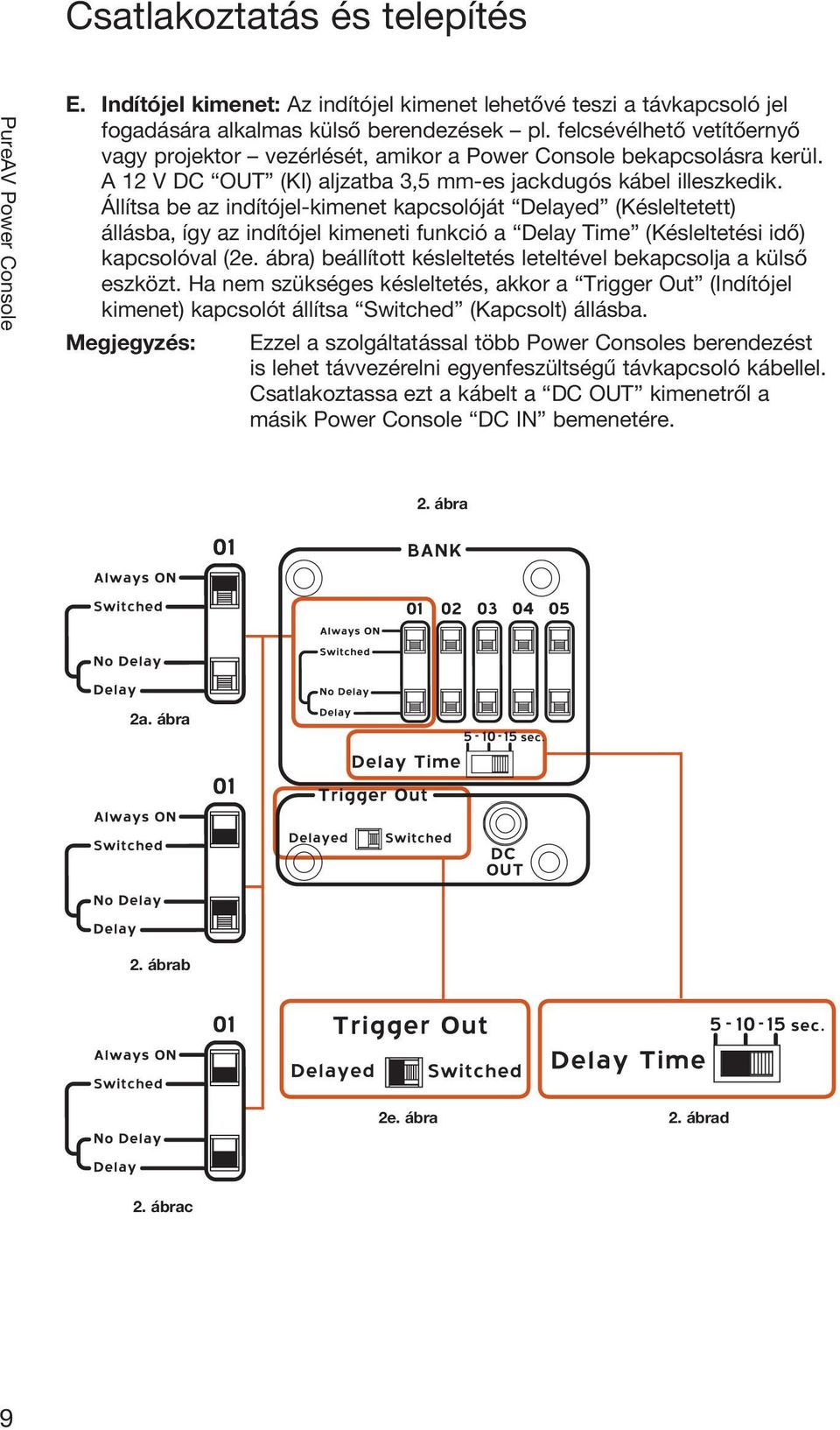 Állítsa be az indítójel-kimenet kapcsolóját Delayed (Késleltetett) állásba, így az indítójel kimeneti funkció a Delay Time (Késleltetési idő) kapcsolóval (2e.