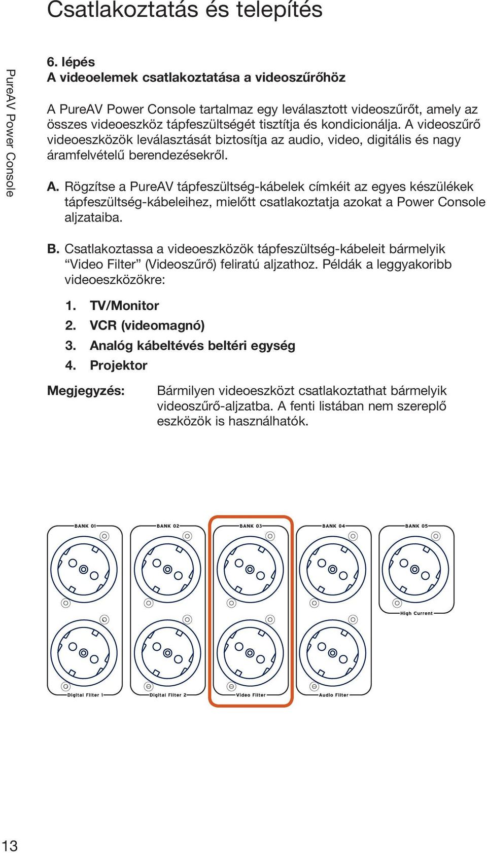 Rögzítse a PureAV tápfeszültség-kábelek címkéit az egyes készülékek tápfeszültség-kábeleihez, mielőtt csatlakoztatja azokat a Power Console aljzataiba. B.