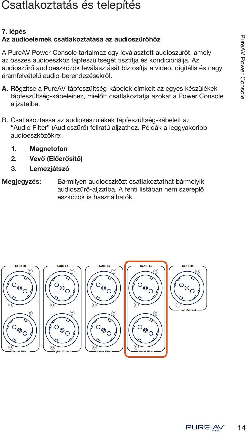 Rögzítse a PureAV tápfeszültség-kábelek címkéit az egyes készülékek tápfeszültség-kábeleihez, mielőtt csatlakoztatja azokat a Power Console aljzataiba. B.