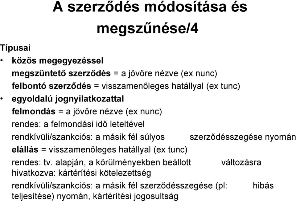 rendkívüli/szankciós: a másik fél súlyos szerződésszegése nyomán elállás = visszamenőleges hatállyal (ex tunc) rendes: tv.