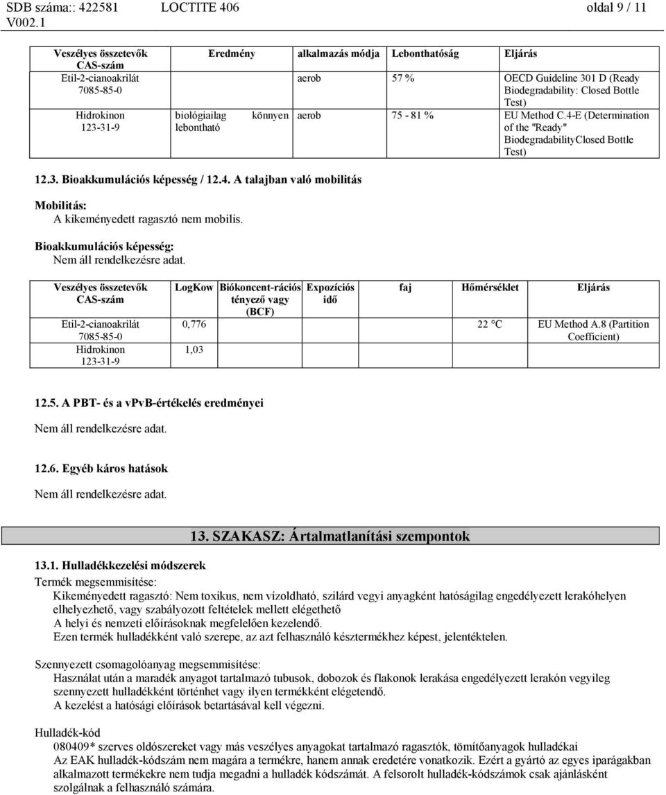 Bioakkumulációs képesség: Nem áll rendelkezésre adat. LogKow Biókoncent-rációs tényező vagy (BCF) Expozíciós idő faj Hőmérséklet Eljárás 0,776 22 C EU Method A.8 (Partition Coefficient) 1,03 12.5.