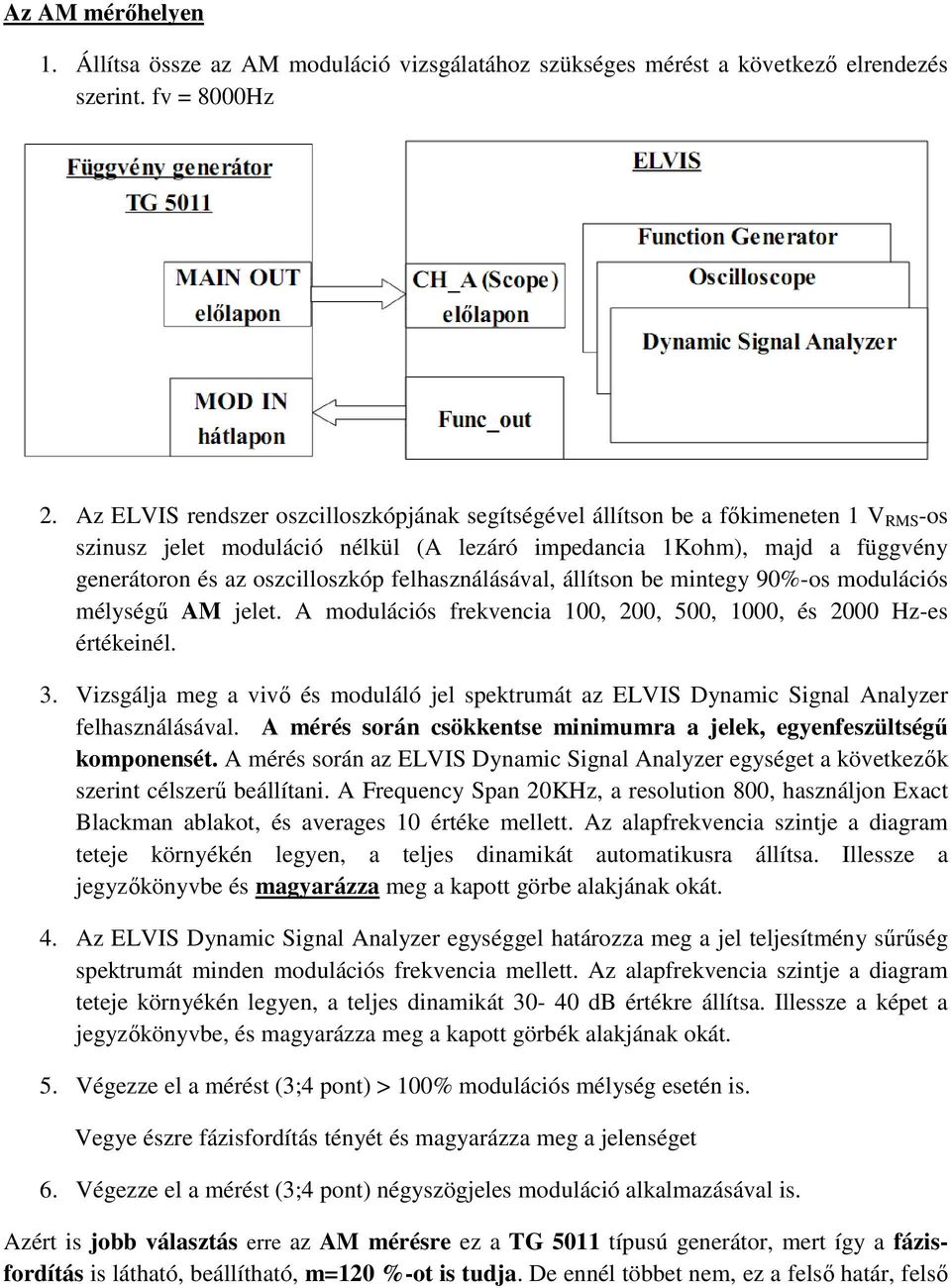 felhasználásával, állítson be mintegy 90%-os modulációs mélységű AM jelet. A modulációs frekvencia 100, 200, 500, 1000, és 2000 Hz-es értékeinél. 3.