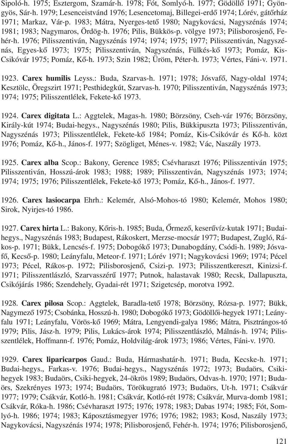 1976; Pilisszentiván, Nagyszénás 1974; 1974; 1975; 1977; Pilisszentiván, Nagyszénás, Egyes-kô 1973; 1975; Pilisszentiván, Nagyszénás, Fülkés-kô 1973; Pomáz, Kis- Csikóvár 1975; Pomáz, Kô-h.