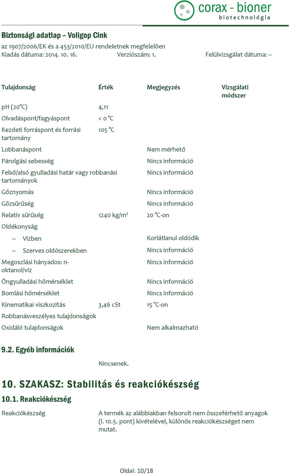 oldódik Szerves oldószerekben Nincs információ Megoszlási hányados: n- oktanol/víz Öngyulladási hőmérséklet Bomlási hőmérséklet Kinematikai viszkozitás 3,46 cst 15 C-on Robbanásveszélyes