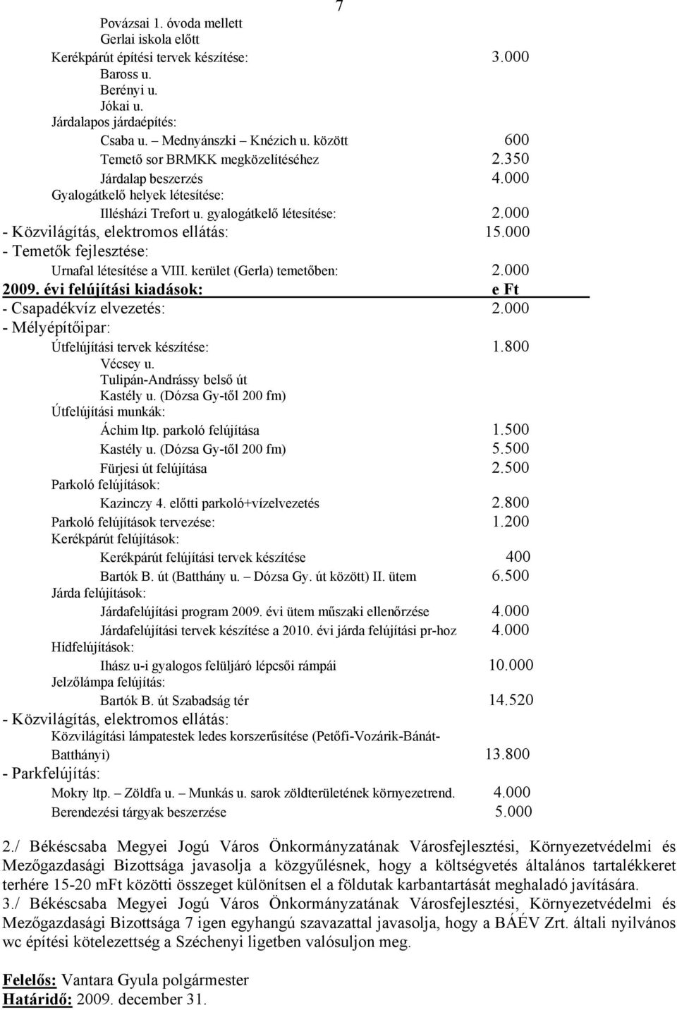 000 - Temetők fejlesztése: Urnafal létesítése a VIII. kerület (Gerla) temetőben: 2.000 2009. évi felújítási kiadások: e Ft - Csapadékvíz elvezetés: 2.