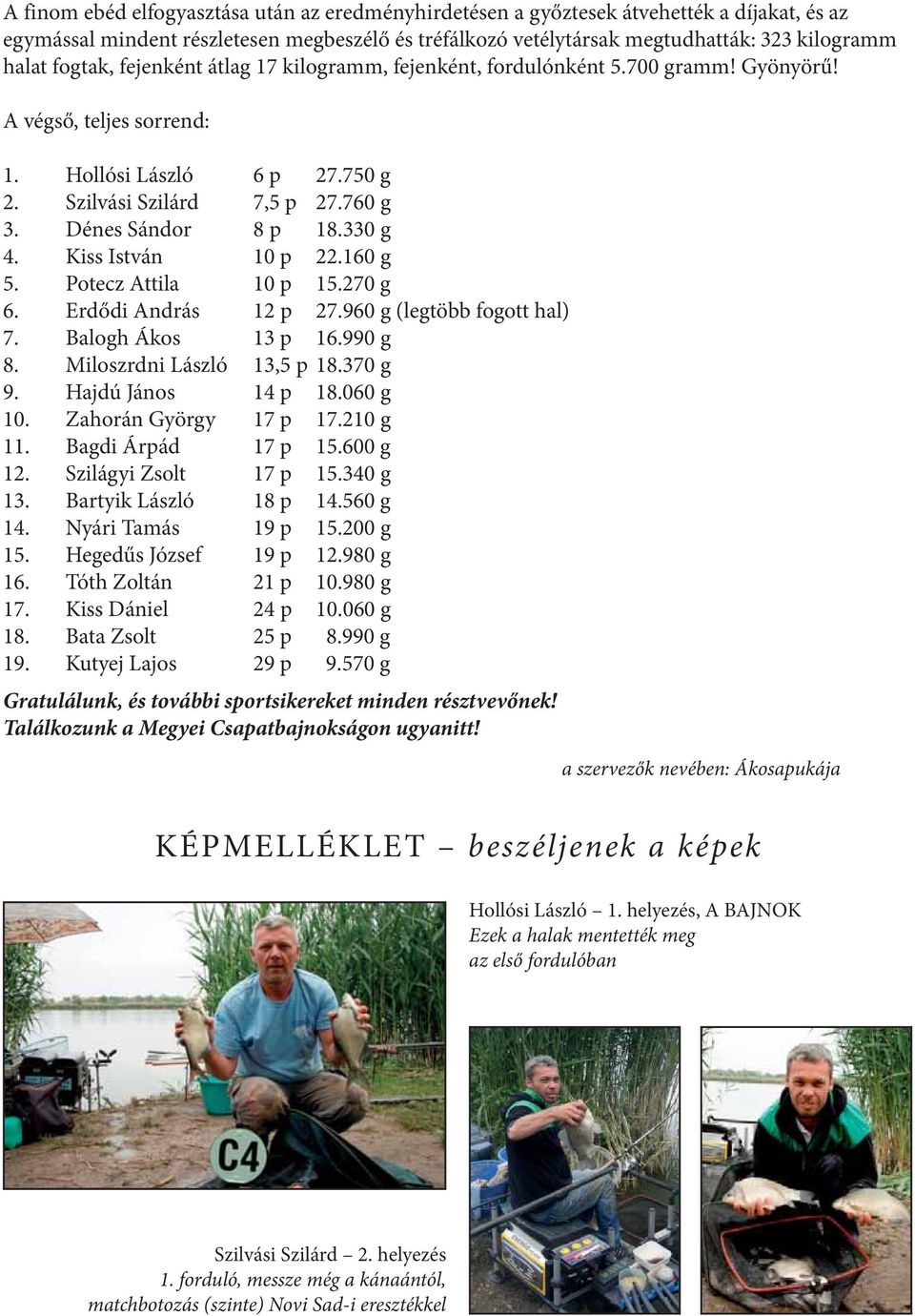330 g 4. Kiss István 10 p 22.160 g 5. Potecz Attila 10 p 15.270 g 6. Erdődi András 12 p 27.960 g (legtöbb fogott hal) 7. Balogh Ákos 13 p 16.990 g 8. Miloszrdni László 13,5 p 18.370 g 9.