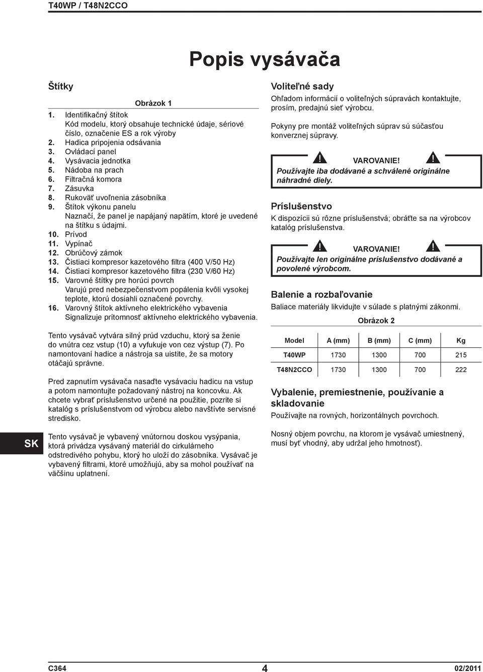 10. Prívod 11. Vypínač 12. Obrúčový zámok 13. Čistiaci kompresor kazetového fi ltra (400 V/50 Hz) 14. Čistiaci kompresor kazetového fi ltra (230 V/60 Hz) 15.