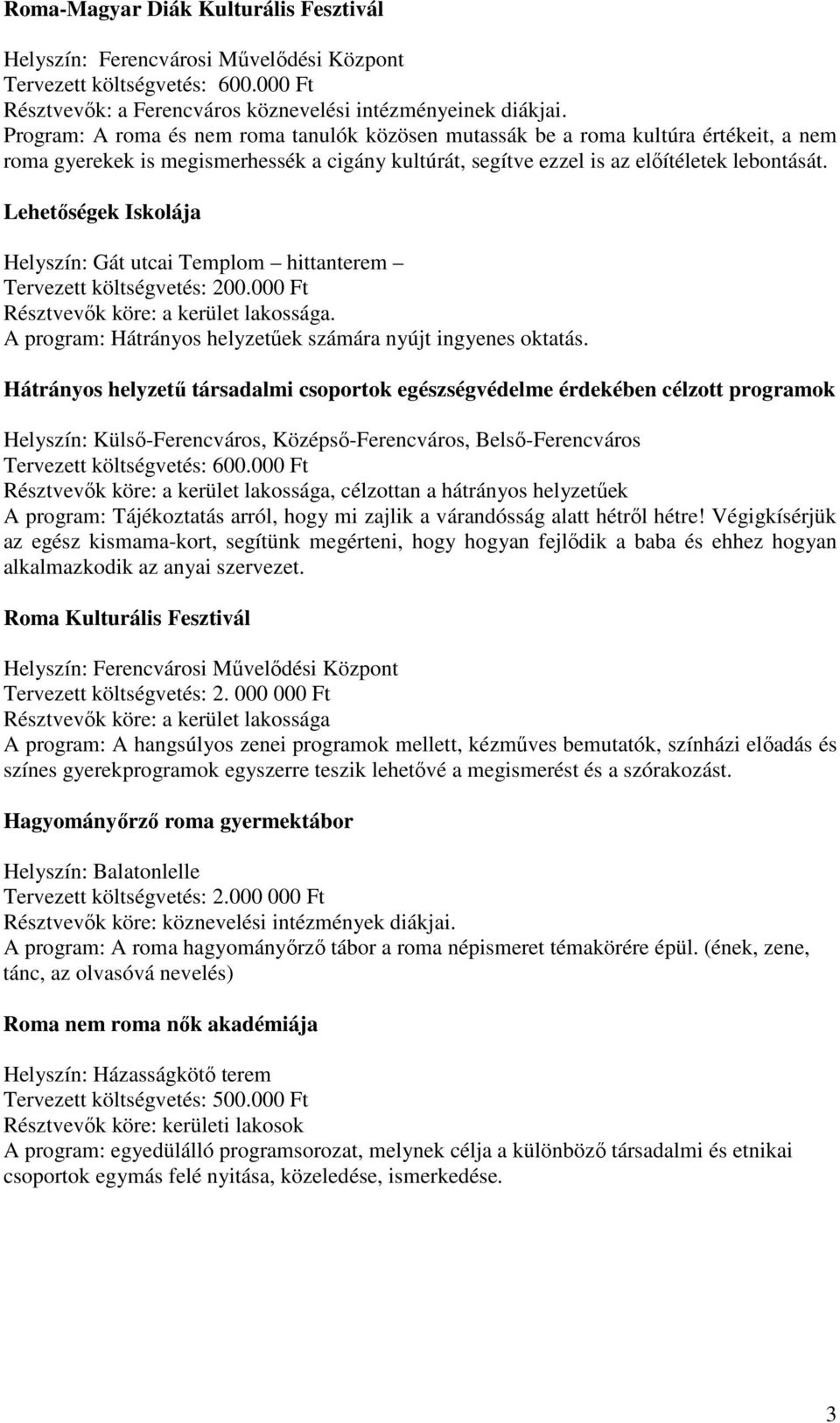 Lehetőségek Iskolája Helyszín: Gát utcai Templom hittanterem Tervezett költségvetés: 200.000 Ft Résztvevők köre: a kerület lakossága. A program: Hátrányos helyzetűek számára nyújt ingyenes oktatás.