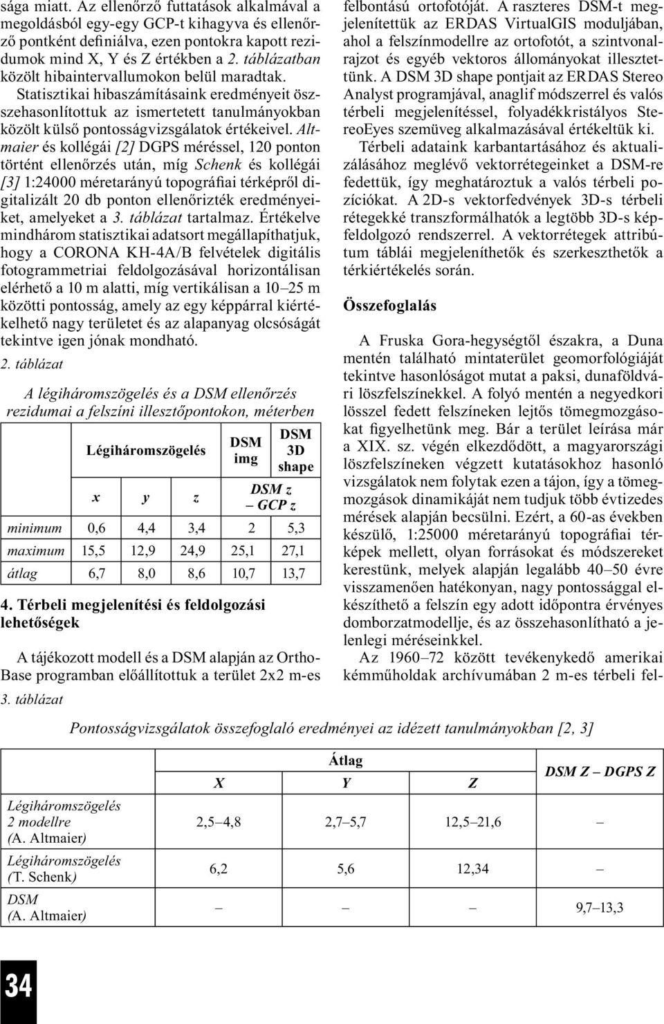 Altmaier és kollégái [2] DGPS méréssel, 120 ponton történt ellenőrzés után, míg Schenk és kollégái [3] 1:24000 méretarányú topográfiai térképről digitalizált 20 db ponton ellenőrizték eredményeiket,