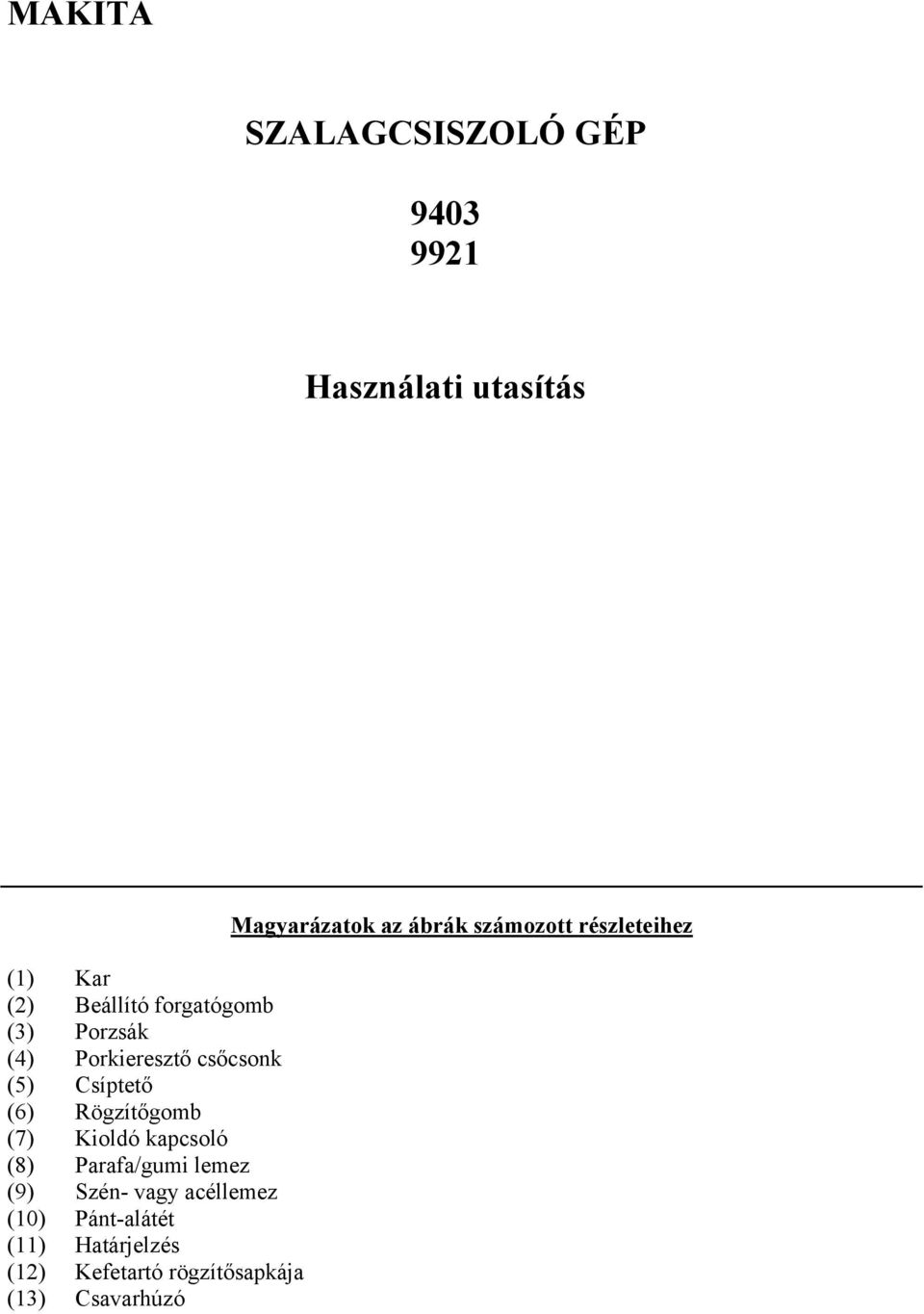 Kioldó kapcsoló (8) Parafa/gumi lemez (9) Szén- vagy acéllemez (10) Pánt-alátét (11)