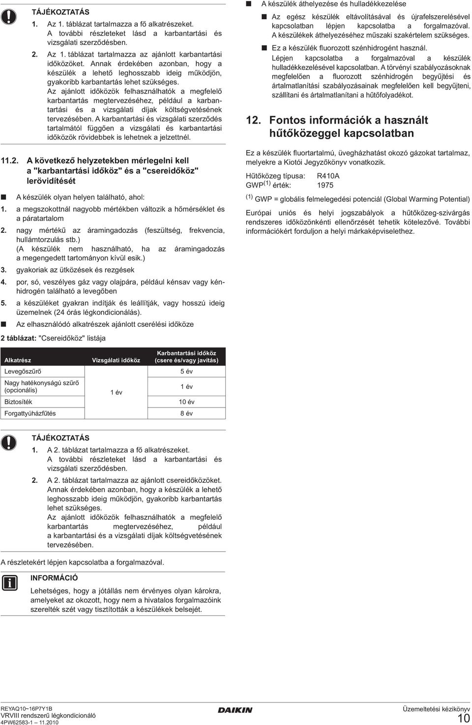 Az ajánlott időközök felhasználhatók a megfelelő karbantartás megtervezéséhez, például a karbantartási és a vizsgálati díjak költségvetésének tervezésében.