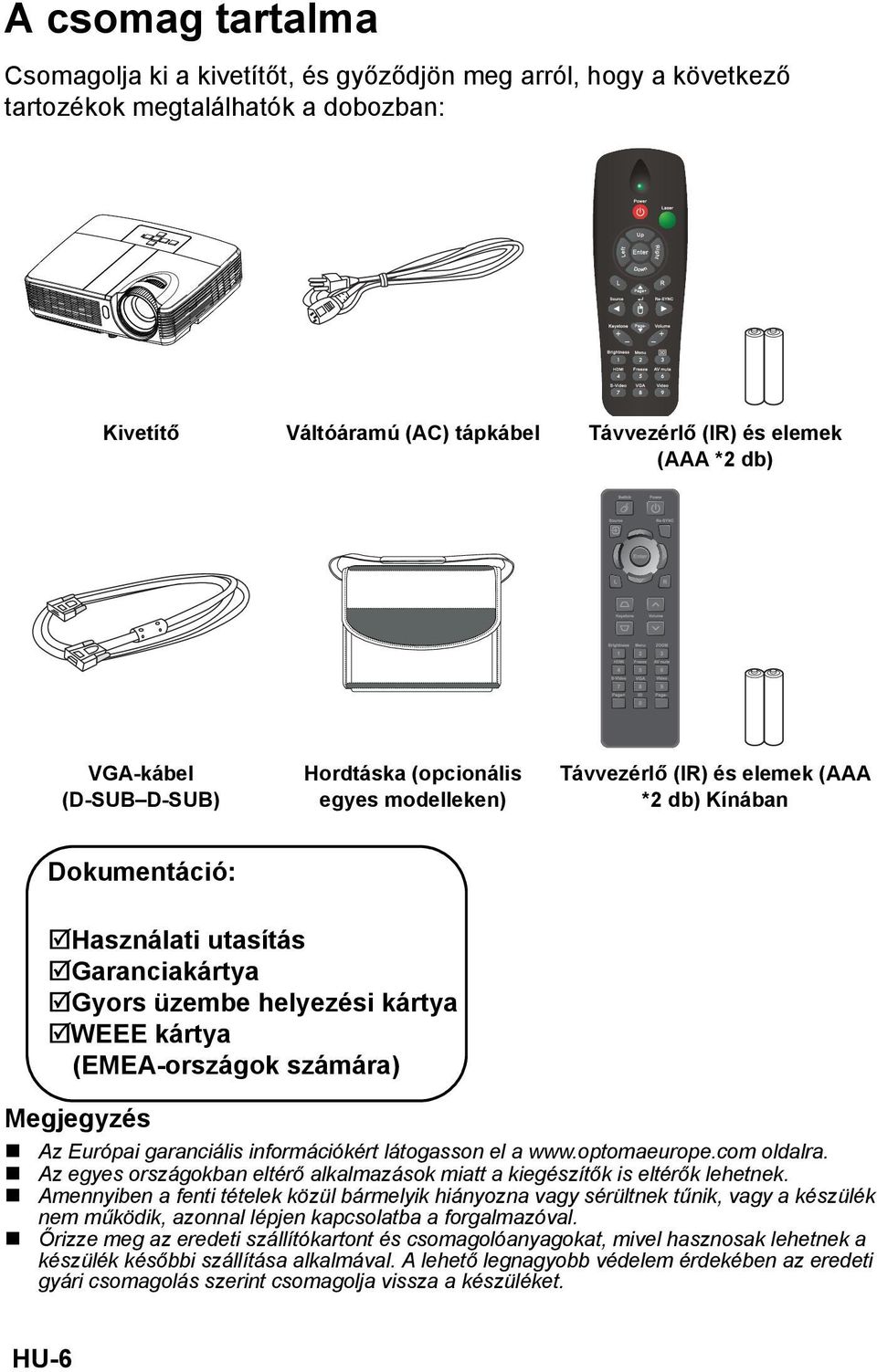 kártya (EMEA-országok számára) Megjegyzés Az Európai garanciális információkért látogasson el a www.optomaeurope.com oldalra.
