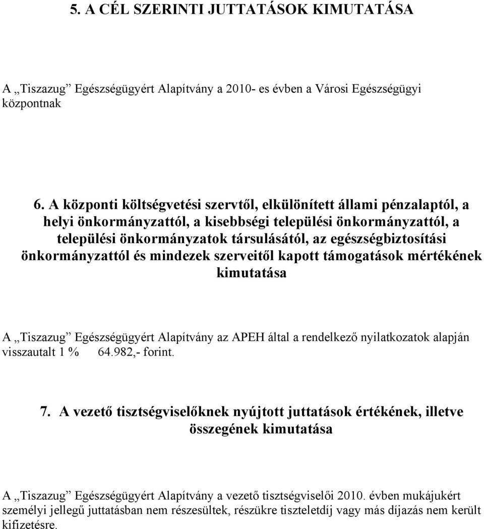 önkormányzattól és mindezek szerveitől kapott támogatások mértékének kimutatása A Tiszazug Egészségügyért Alapítvány az APEH által a rendelkező nyilatkozatok alapján visszautalt 1 % 64.982,- forint.