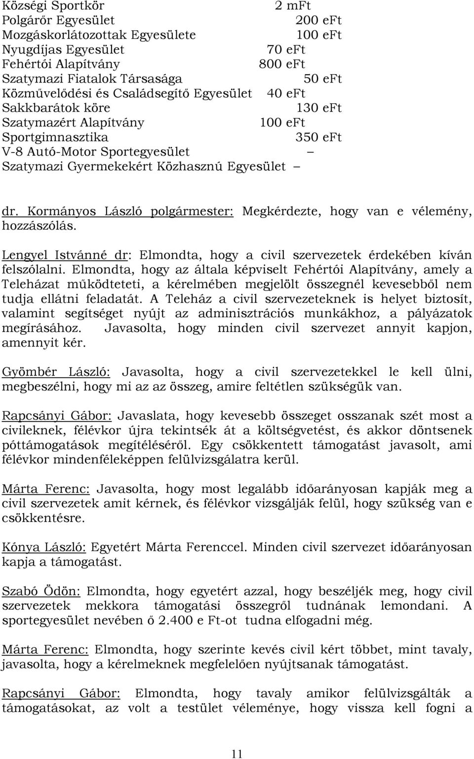 Kormányos László polgármester: Megkérdezte, hogy van e vélemény, hozzászólás. Lengyel Istvánné dr: Elmondta, hogy a civil szervezetek érdekében kíván felszólalni.