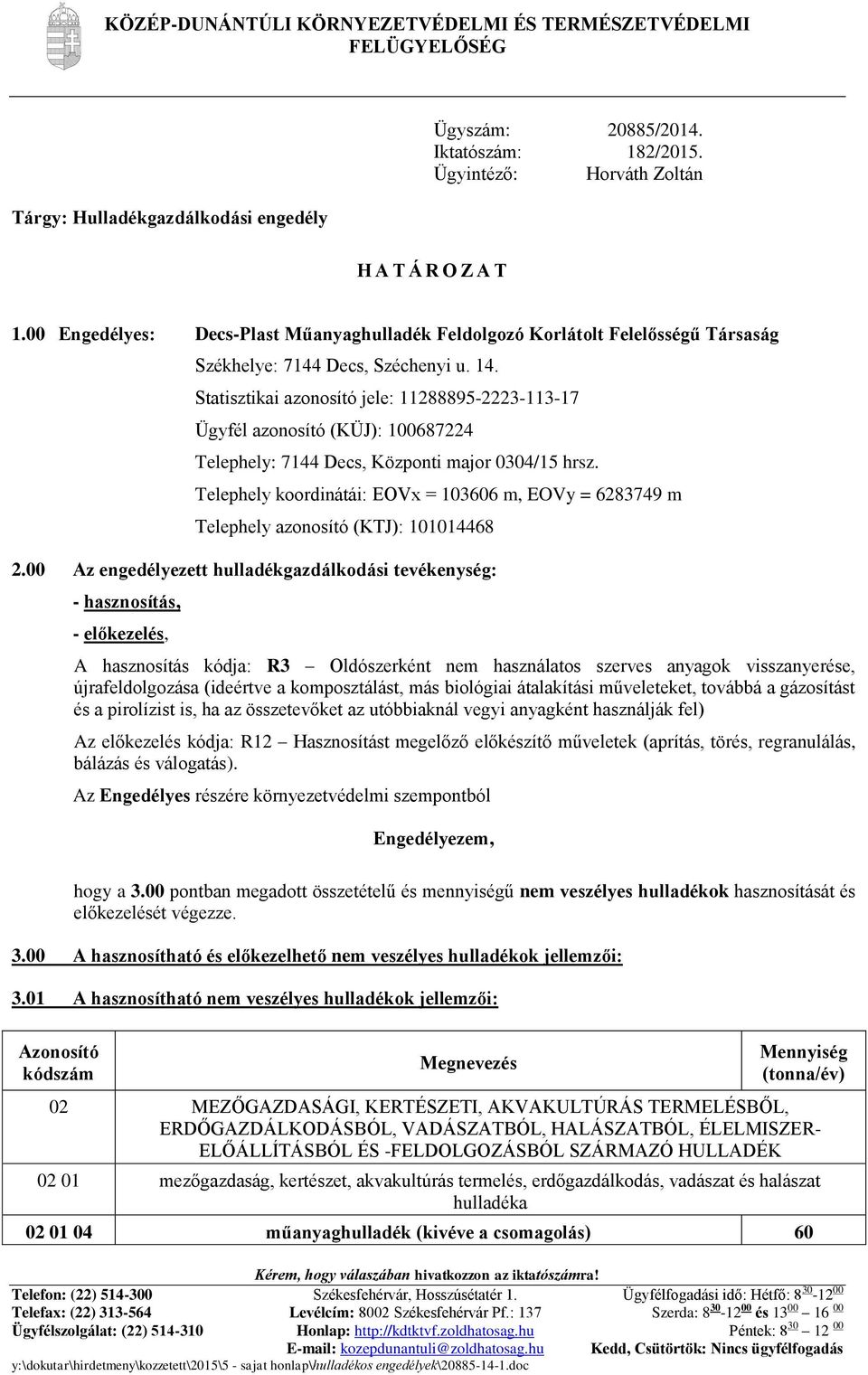 Statisztikai azonosító jele: 11288895-2223-113-17 Ügyfél azonosító (KÜJ): 100687224 Telephely: 7144 Decs, Központi major 0304/15 hrsz.